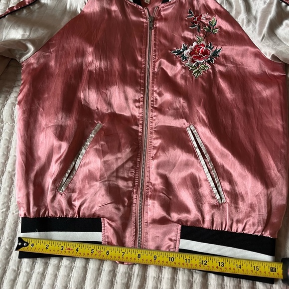 Pink Silk Flowered Embroidered Bomber Jacket - Picture 6 of 7